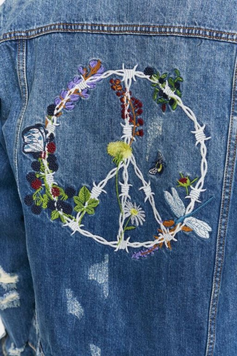 Casacas Forever 21 Embroidered Peace Denim Hombre Azules | DFdYuIqGWxq