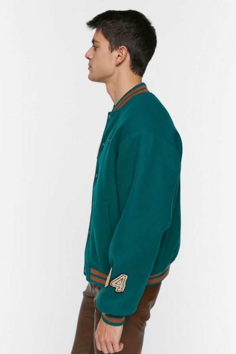 Casacas Forever 21 Embroidered Varsity Letterman Hombre Verde | CcFtohFHt32