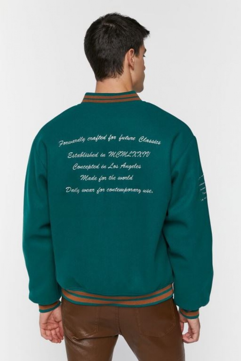 Casacas Forever 21 Embroidered Varsity Letterman Hombre Verde | CcFtohFHt32