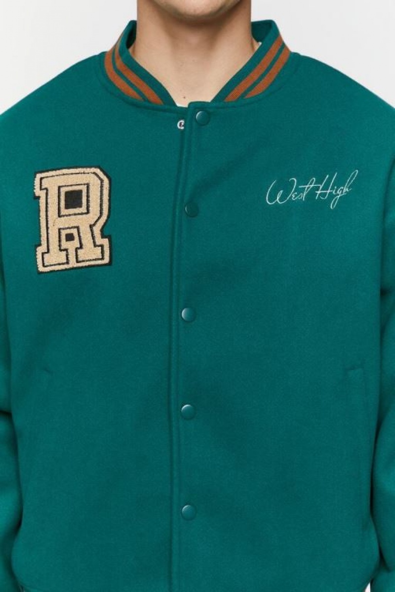 Casacas Forever 21 Embroidered Varsity Letterman Hombre Verde | CcFtohFHt32