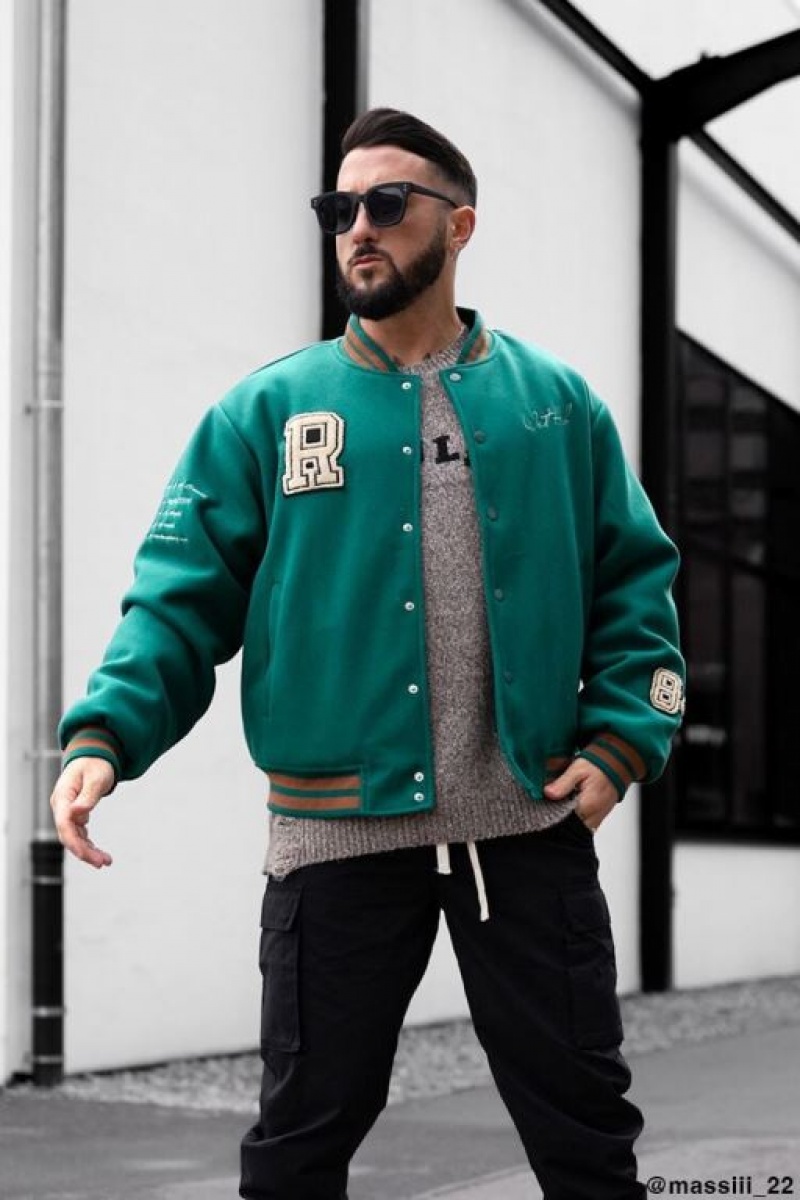 Casacas Forever 21 Embroidered Varsity Letterman Hombre Verde | CcFtohFHt32