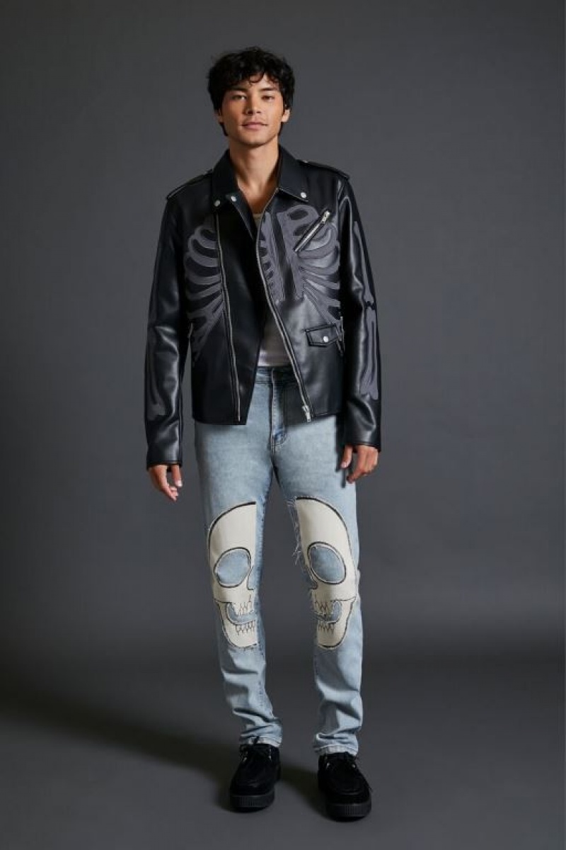 Casacas Forever 21 Faux Cuero Skeleton Moto Hombre Negras Gris | XTeBLivDwla