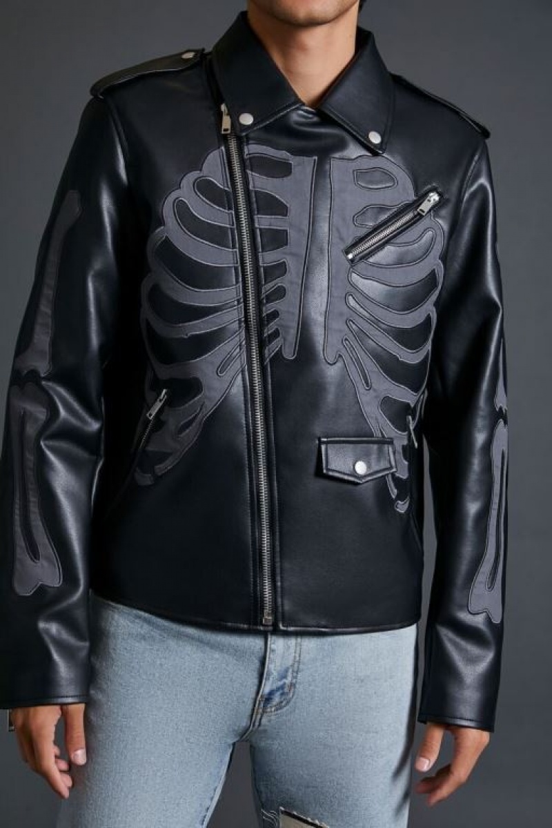 Casacas Forever 21 Faux Cuero Skeleton Moto Hombre Negras Gris | XTeBLivDwla