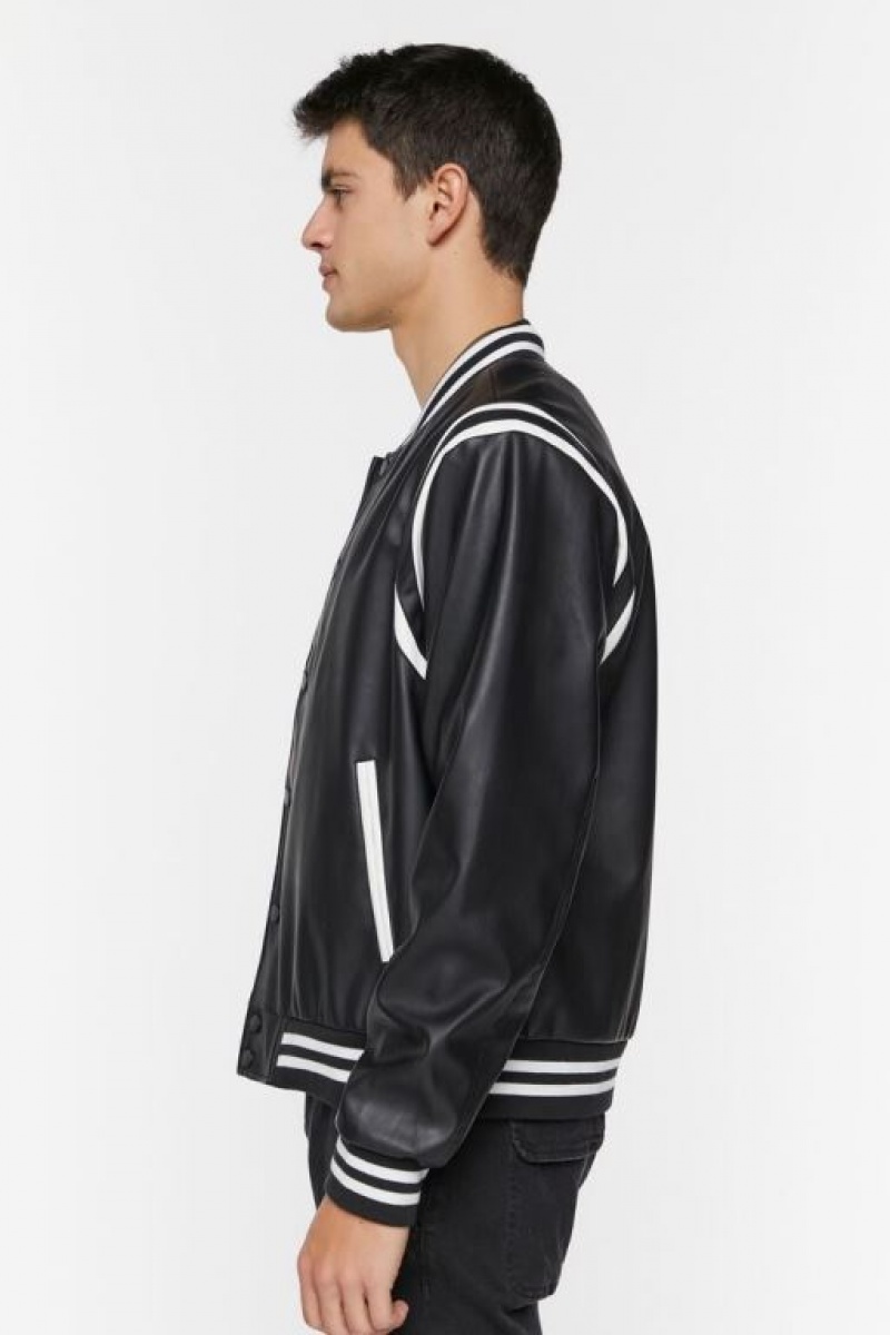 Casacas Forever 21 Faux Cuero Varsity Hombre Negras Blancas | 2JZ41yUXdWj