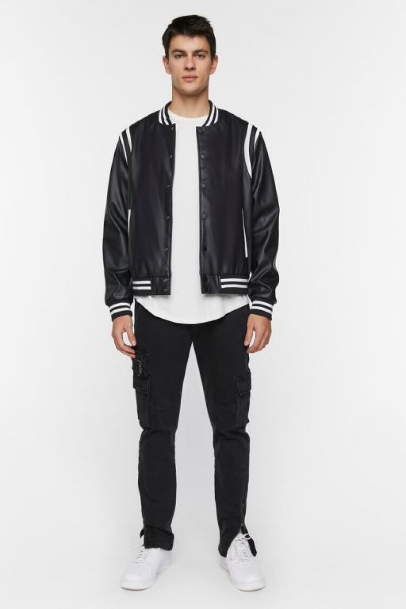 Casacas Forever 21 Faux Cuero Varsity Hombre Negras Blancas | 2JZ41yUXdWj