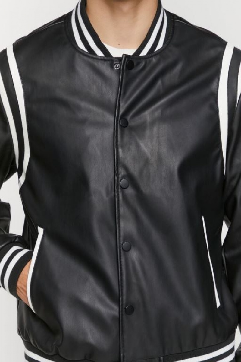 Casacas Forever 21 Faux Cuero Varsity Hombre Negras Blancas | 2JZ41yUXdWj