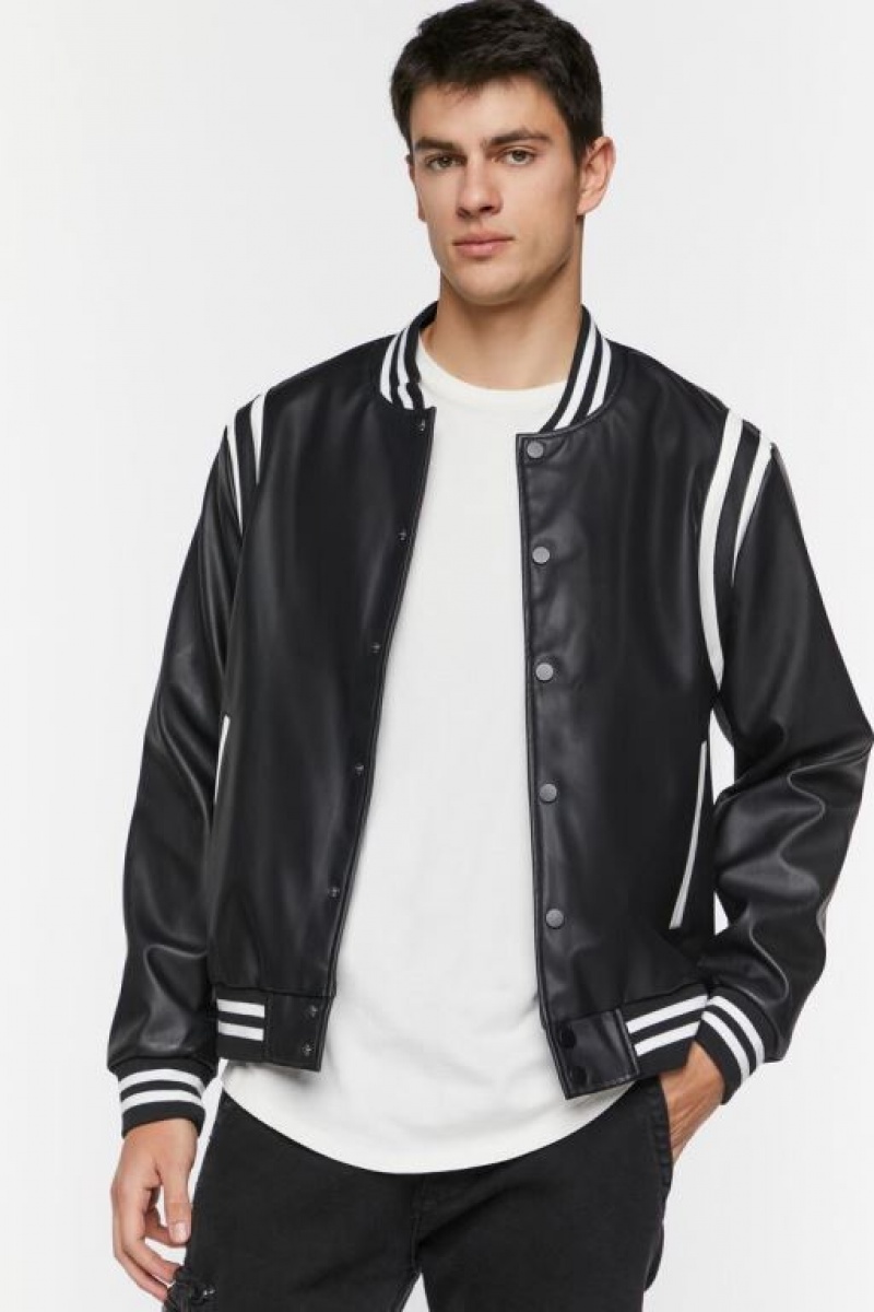 Casacas Forever 21 Faux Cuero Varsity Hombre Negras Blancas | 2JZ41yUXdWj