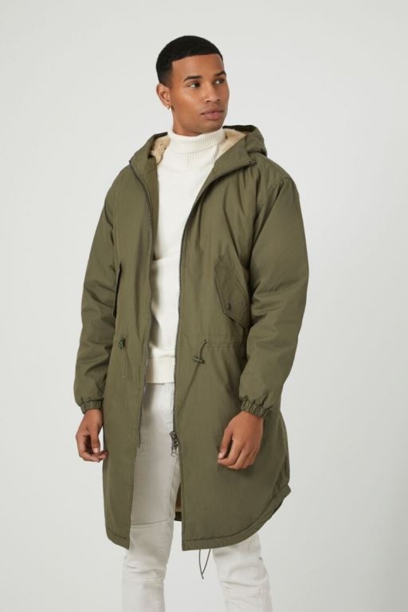 Casacas Forever 21 Faux Fur Lined Trench Coat Hombre Verde Oliva Creme | VphGp2dISyg