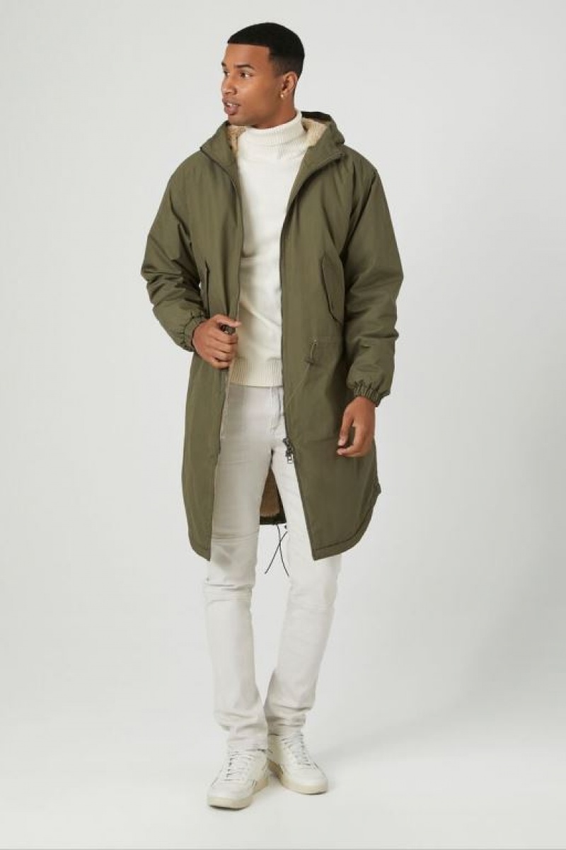 Casacas Forever 21 Faux Fur Lined Trench Coat Hombre Verde Oliva Creme | VphGp2dISyg