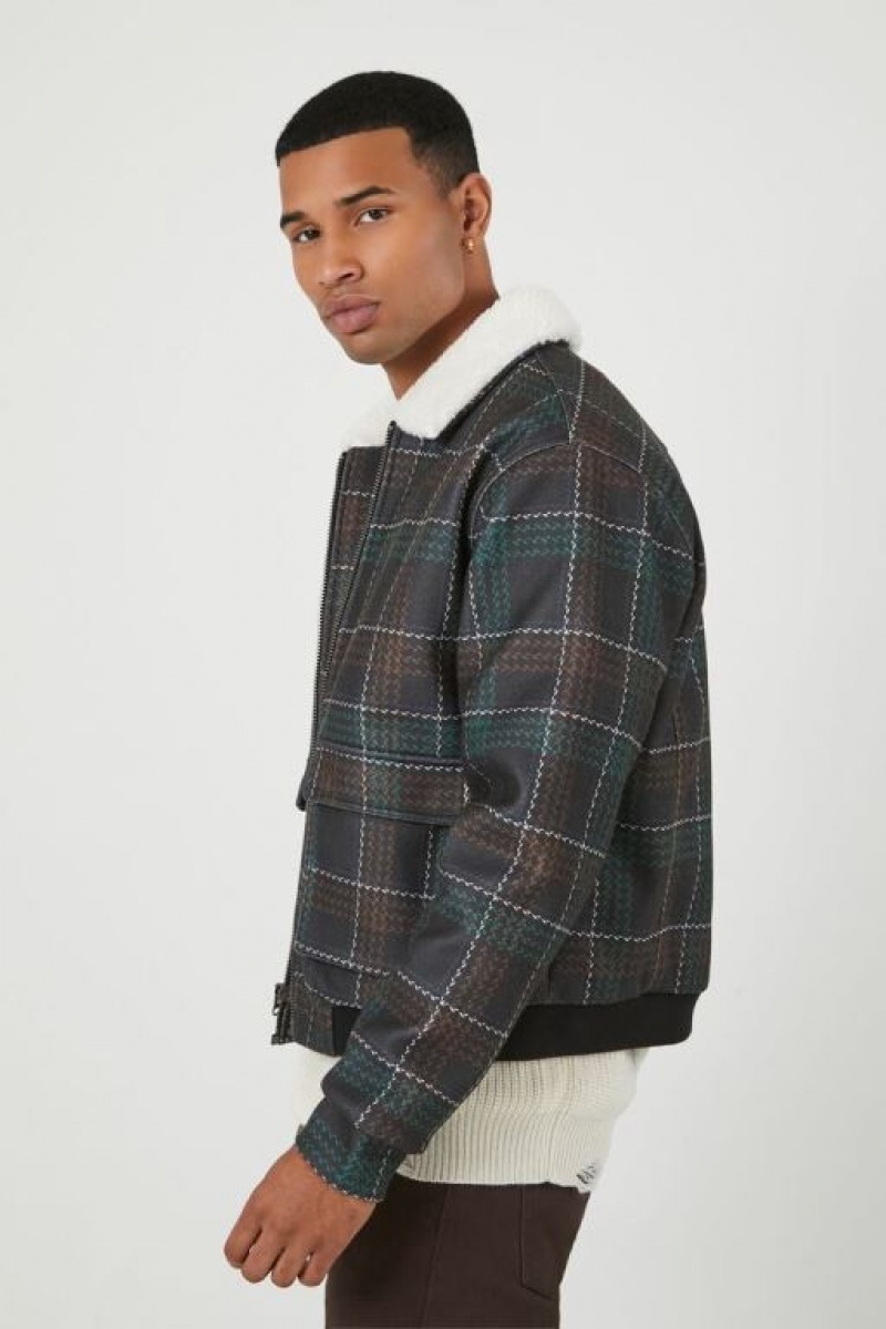 Casacas Forever 21 Faux Shearling Collar Plaid Hombre Negras Multicolor | Ispjyuscgue