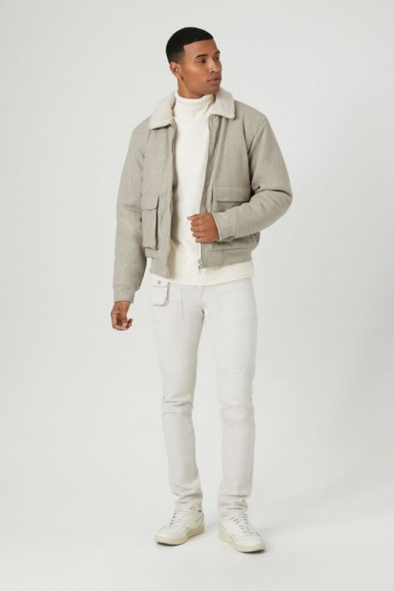 Casacas Forever 21 Faux Shearling Collar Trucker Hombre Beige Creme | CYmayQndW9v