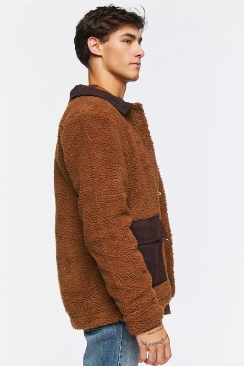 Casacas Forever 21 Faux Shearling Snap Button Hombre Marrones | 4sIcfbP66pI