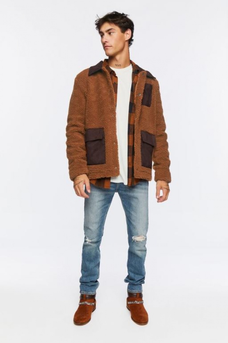 Casacas Forever 21 Faux Shearling Snap Button Hombre Marrones | 4sIcfbP66pI