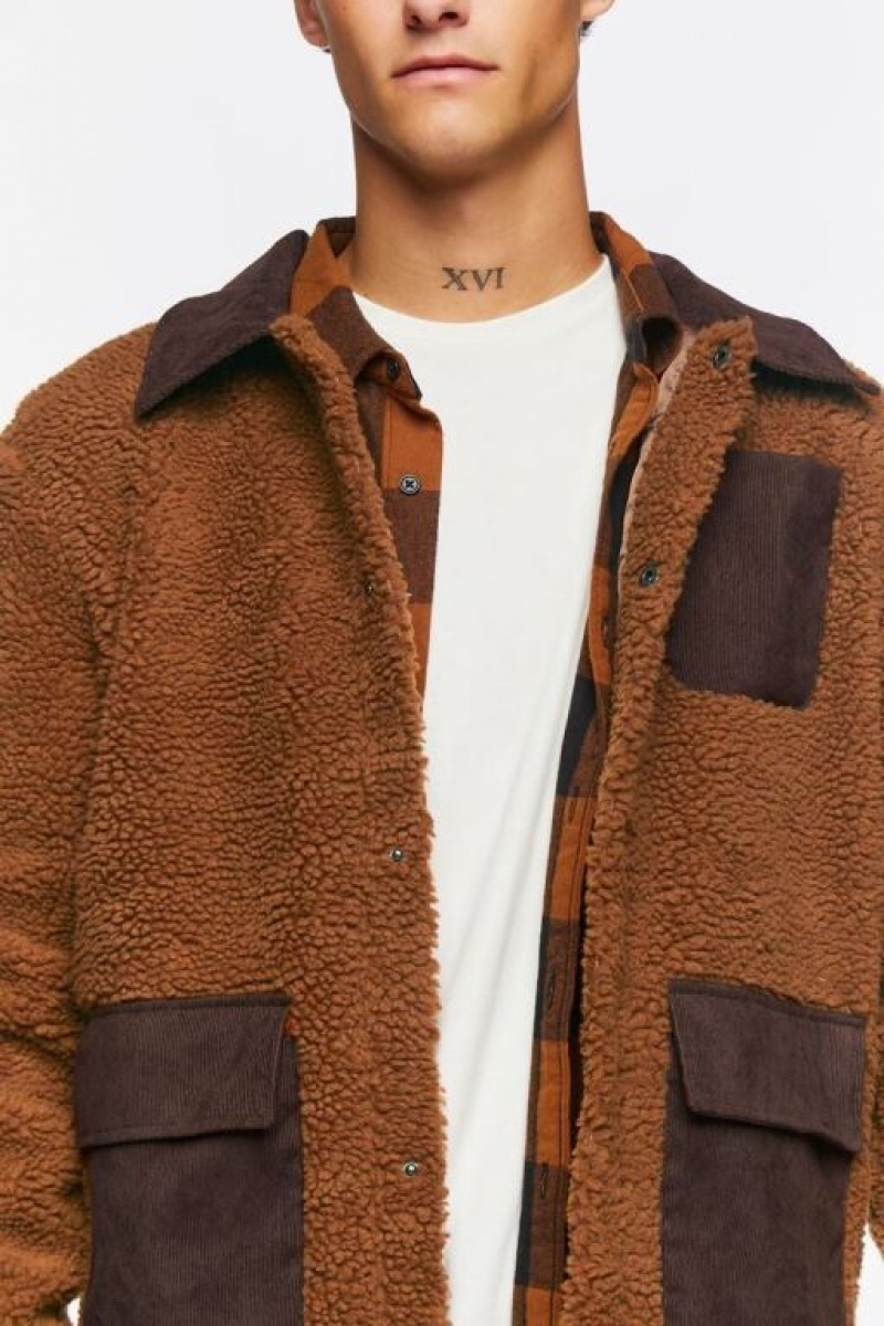 Casacas Forever 21 Faux Shearling Snap Button Hombre Marrones | 4sIcfbP66pI