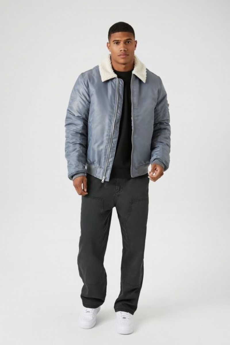 Casacas Forever 21 Faux Shearling Trim Bomber Hombre Gris Creme | ozbRQ1Hdify