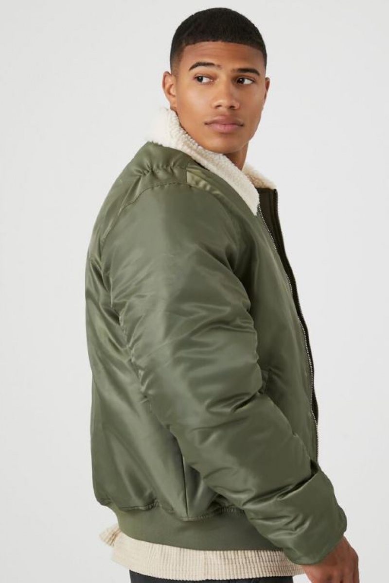 Casacas Forever 21 Faux Shearling Trim Bomber Hombre Verde Oliva Creme | r5Uv1iZl6Br