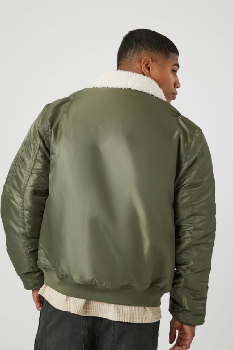 Casacas Forever 21 Faux Shearling Trim Bomber Hombre Verde Oliva Creme | r5Uv1iZl6Br