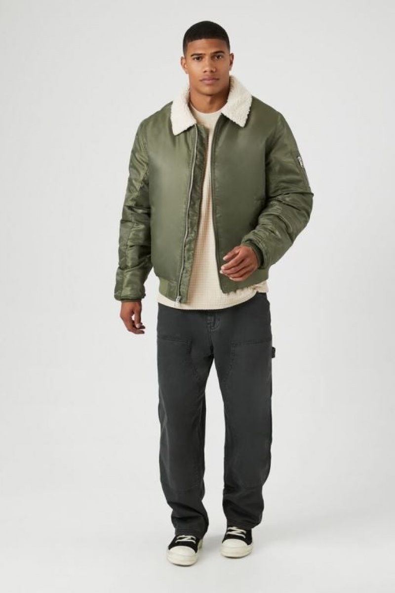 Casacas Forever 21 Faux Shearling Trim Bomber Hombre Verde Oliva Creme | r5Uv1iZl6Br