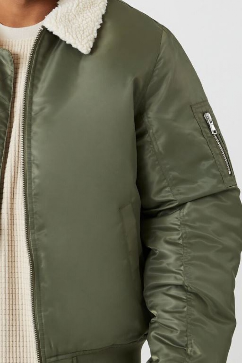 Casacas Forever 21 Faux Shearling Trim Bomber Hombre Verde Oliva Creme | r5Uv1iZl6Br