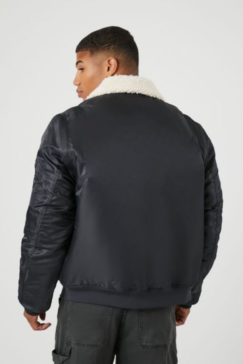 Casacas Forever 21 Faux Shearling Trim Bomber Hombre Negras Creme | uM4swnr8cKz