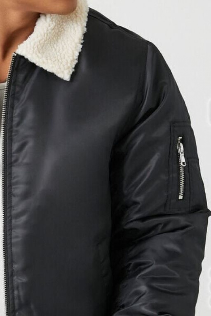 Casacas Forever 21 Faux Shearling Trim Bomber Hombre Negras Creme | uM4swnr8cKz