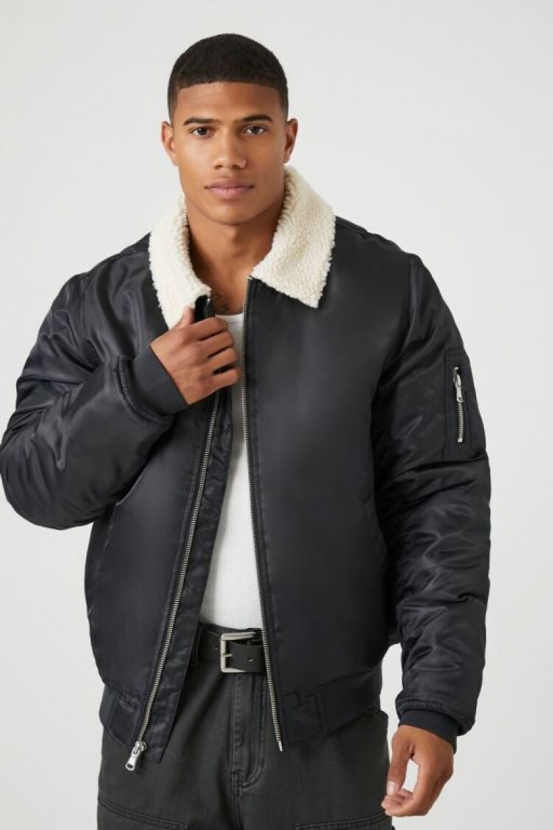 Casacas Forever 21 Faux Shearling Trim Bomber Hombre Negras Creme | uM4swnr8cKz