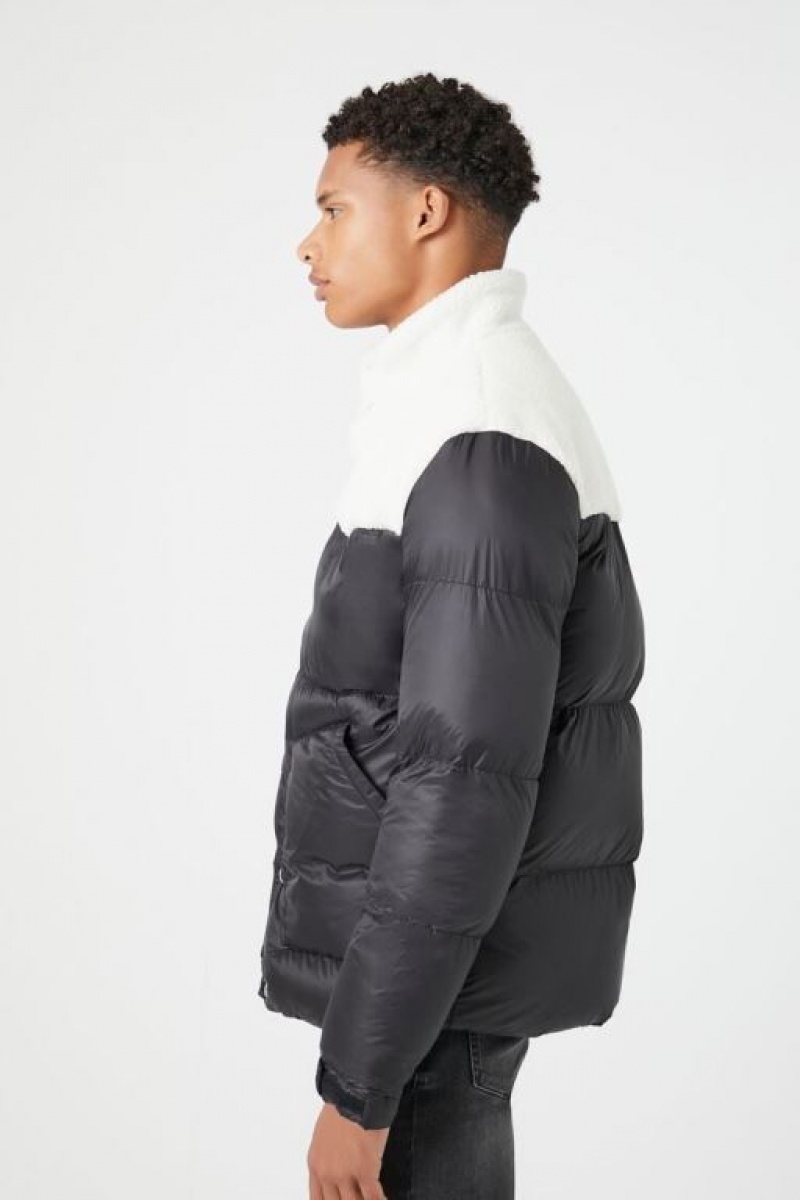 Casacas Forever 21 Faux Shearling Trim Puffer Hombre Creme Negras | NLeXwKEbYpN