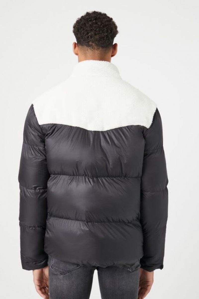 Casacas Forever 21 Faux Shearling Trim Puffer Hombre Creme Negras | NLeXwKEbYpN