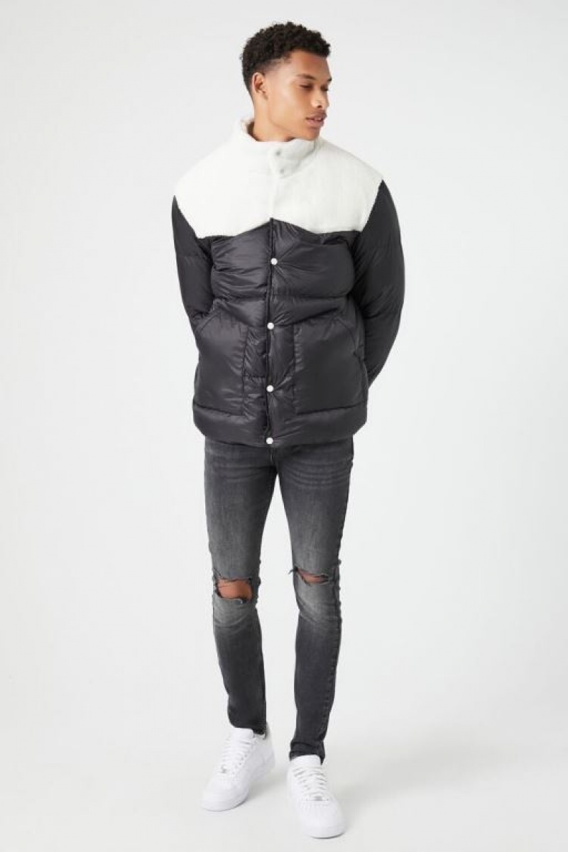 Casacas Forever 21 Faux Shearling Trim Puffer Hombre Creme Negras | NLeXwKEbYpN