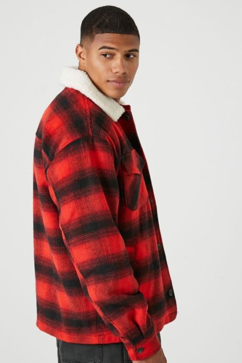 Casacas Forever 21 Faux Shearling Trim Plaid Hombre Rojas Multicolor | Q6mLAQgzuhR