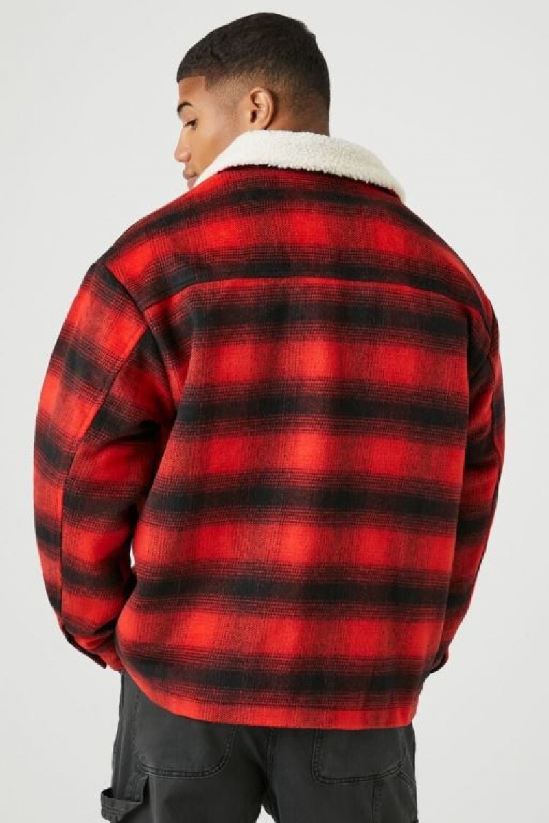 Casacas Forever 21 Faux Shearling Trim Plaid Hombre Rojas Multicolor | Q6mLAQgzuhR