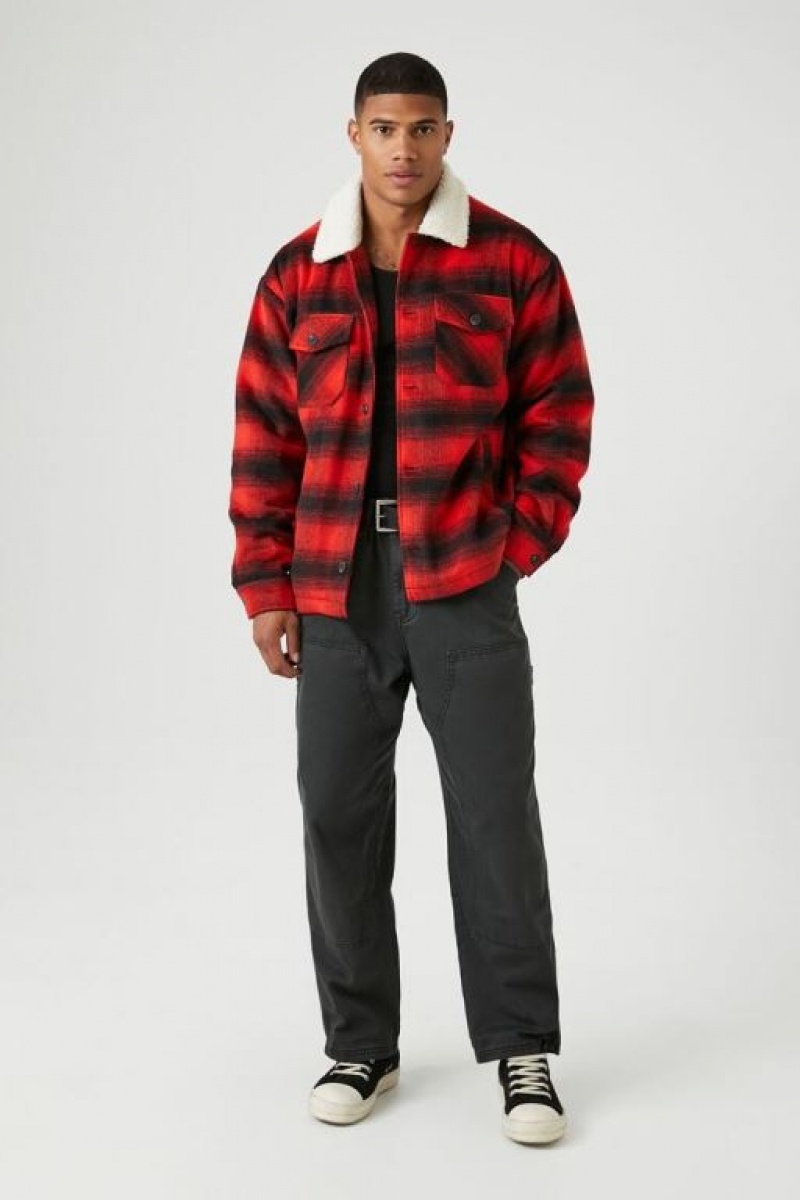 Casacas Forever 21 Faux Shearling Trim Plaid Hombre Rojas Multicolor | Q6mLAQgzuhR