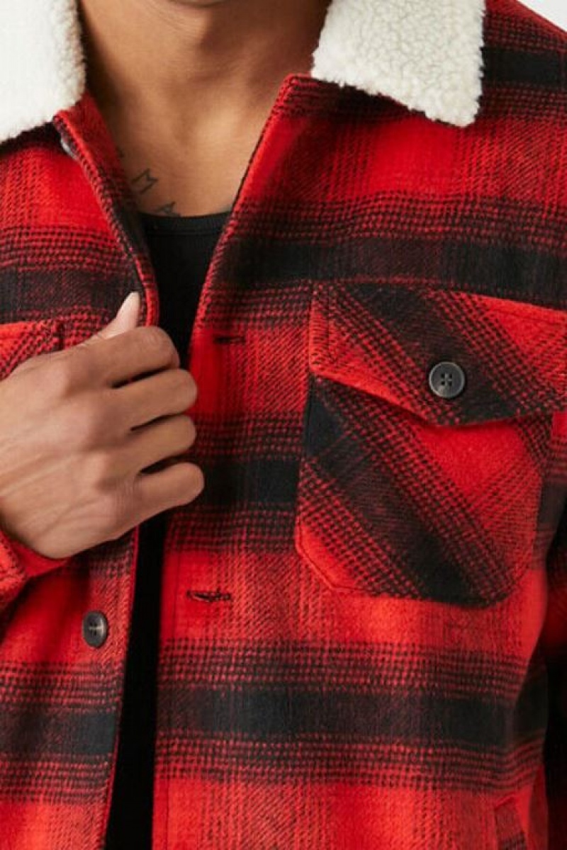 Casacas Forever 21 Faux Shearling Trim Plaid Hombre Rojas Multicolor | Q6mLAQgzuhR