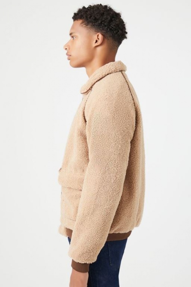 Casacas Forever 21 Faux Shearling Zip Up Hombre Kaki | 8kZUYKlylTU