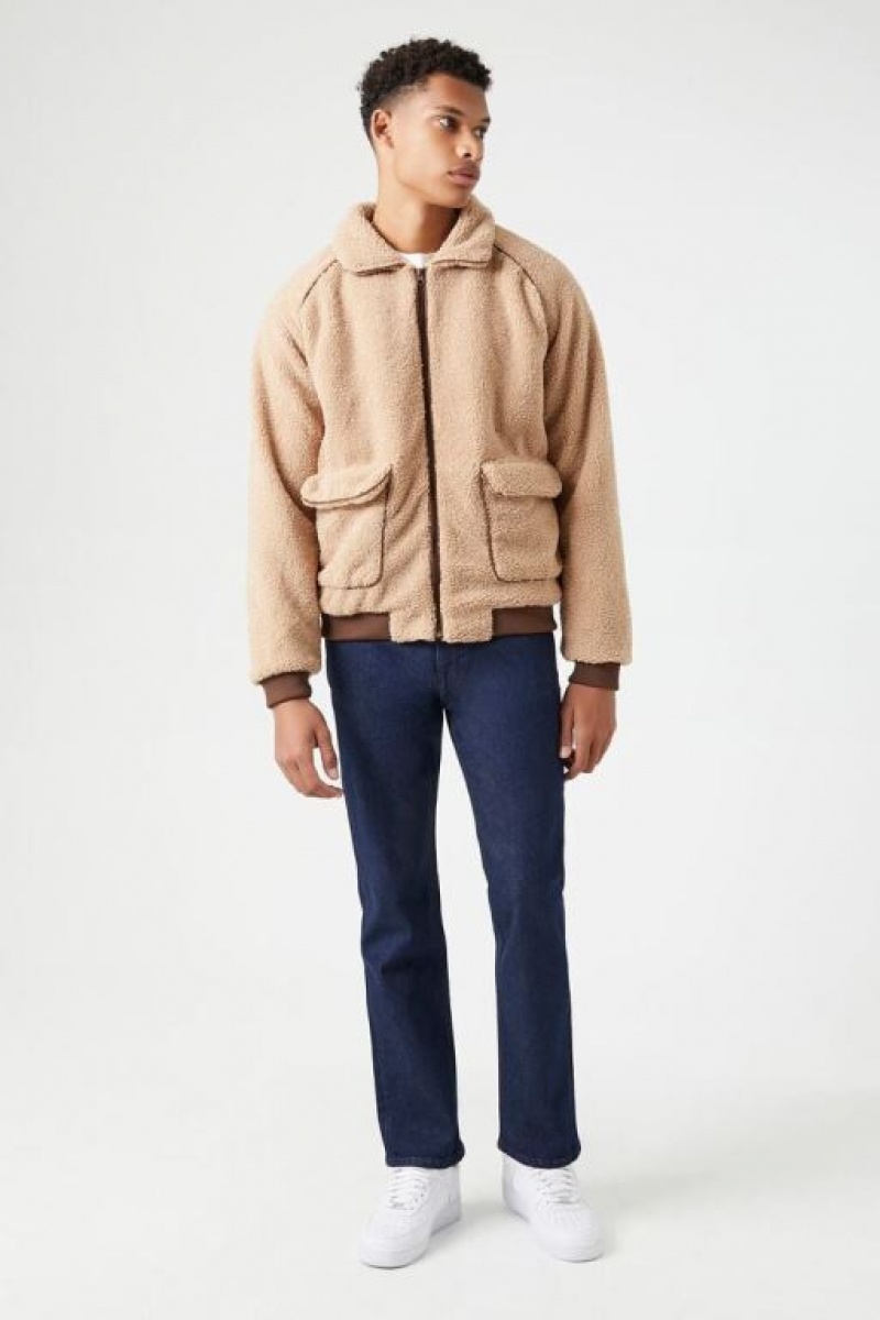 Casacas Forever 21 Faux Shearling Zip Up Hombre Kaki | 8kZUYKlylTU