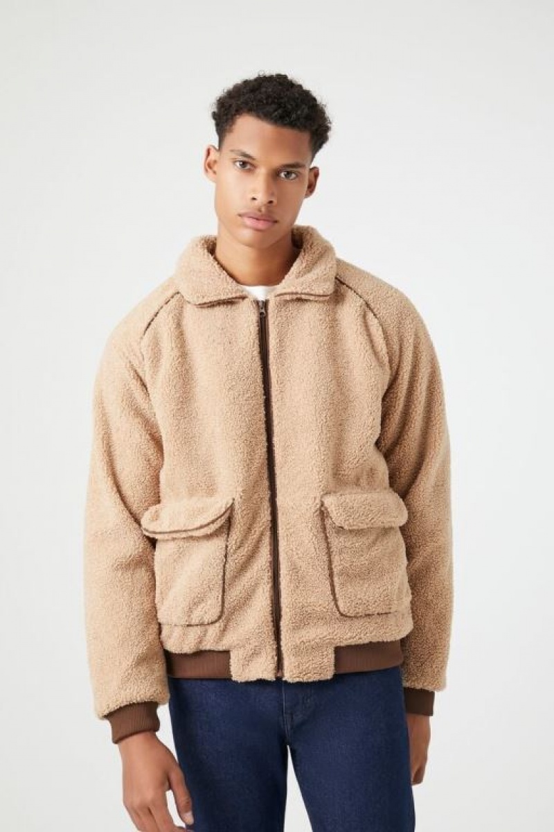 Casacas Forever 21 Faux Shearling Zip Up Hombre Kaki | 8kZUYKlylTU