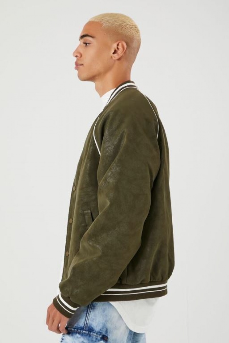 Casacas Forever 21 Faux Suede Varsity Bomber Hombre Verde Oliva Gris Marrones | eIiUTPpFx9a