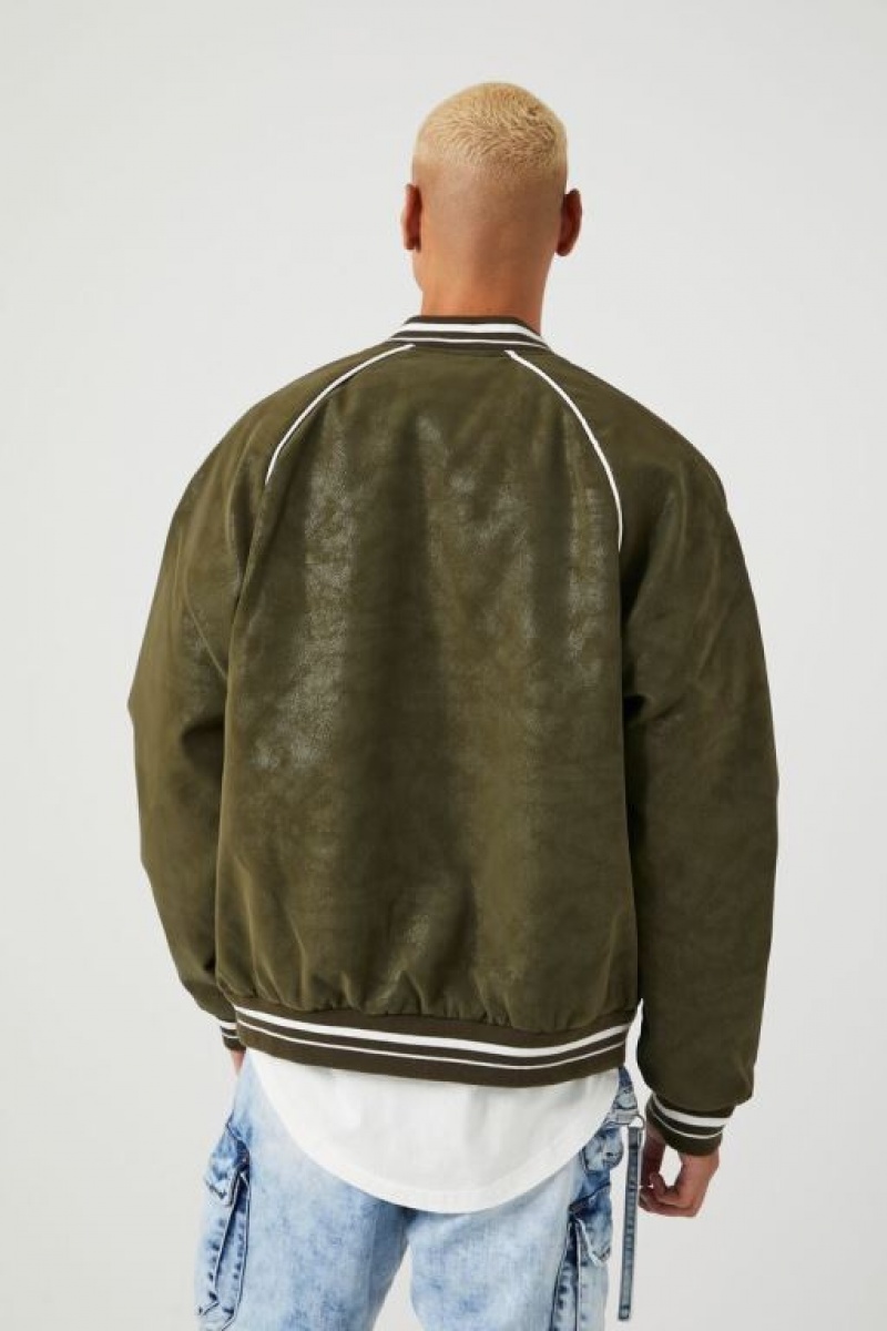 Casacas Forever 21 Faux Suede Varsity Bomber Hombre Verde Oliva Gris Marrones | eIiUTPpFx9a