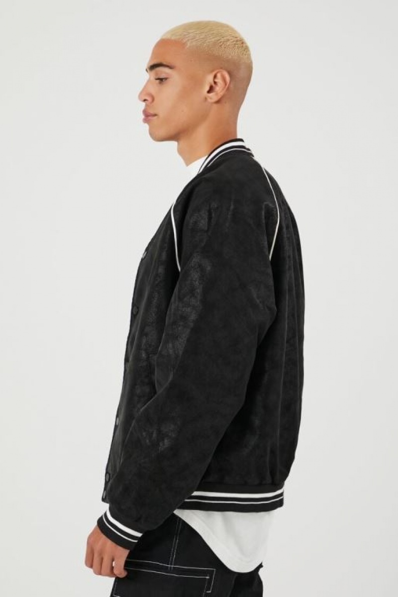 Casacas Forever 21 Faux Suede Varsity Bomber Hombre Negras Blancas | dfvnHofo4LN