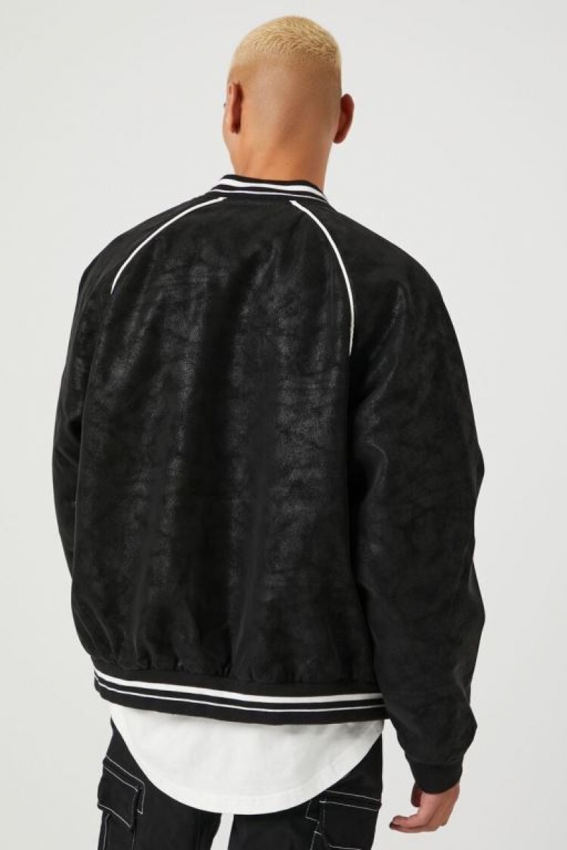 Casacas Forever 21 Faux Suede Varsity Bomber Hombre Negras Blancas | dfvnHofo4LN