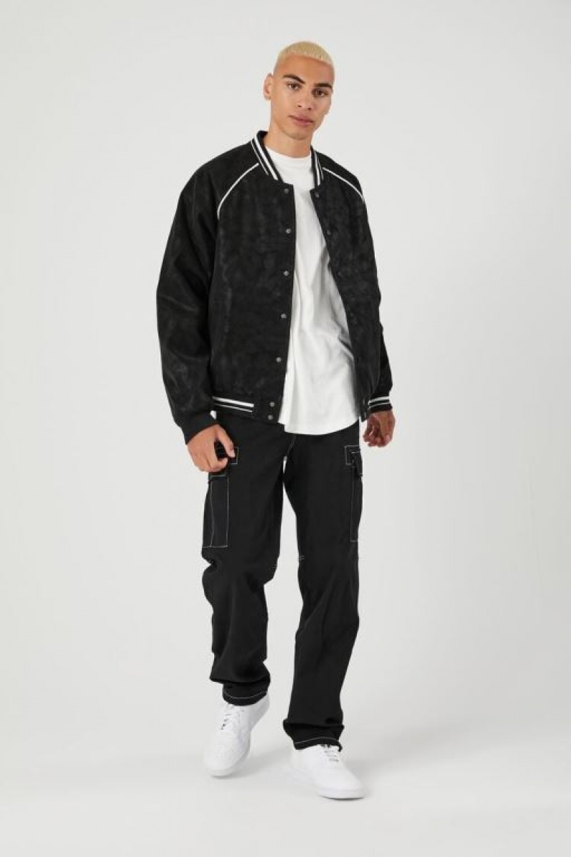 Casacas Forever 21 Faux Suede Varsity Bomber Hombre Negras Blancas | dfvnHofo4LN