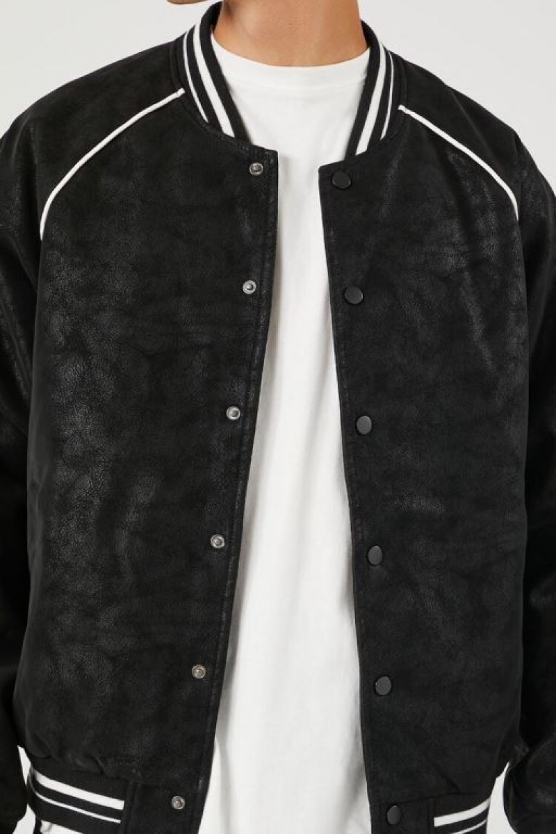 Casacas Forever 21 Faux Suede Varsity Bomber Hombre Negras Blancas | dfvnHofo4LN