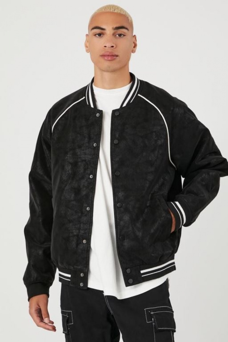 Casacas Forever 21 Faux Suede Varsity Bomber Hombre Negras Blancas | dfvnHofo4LN