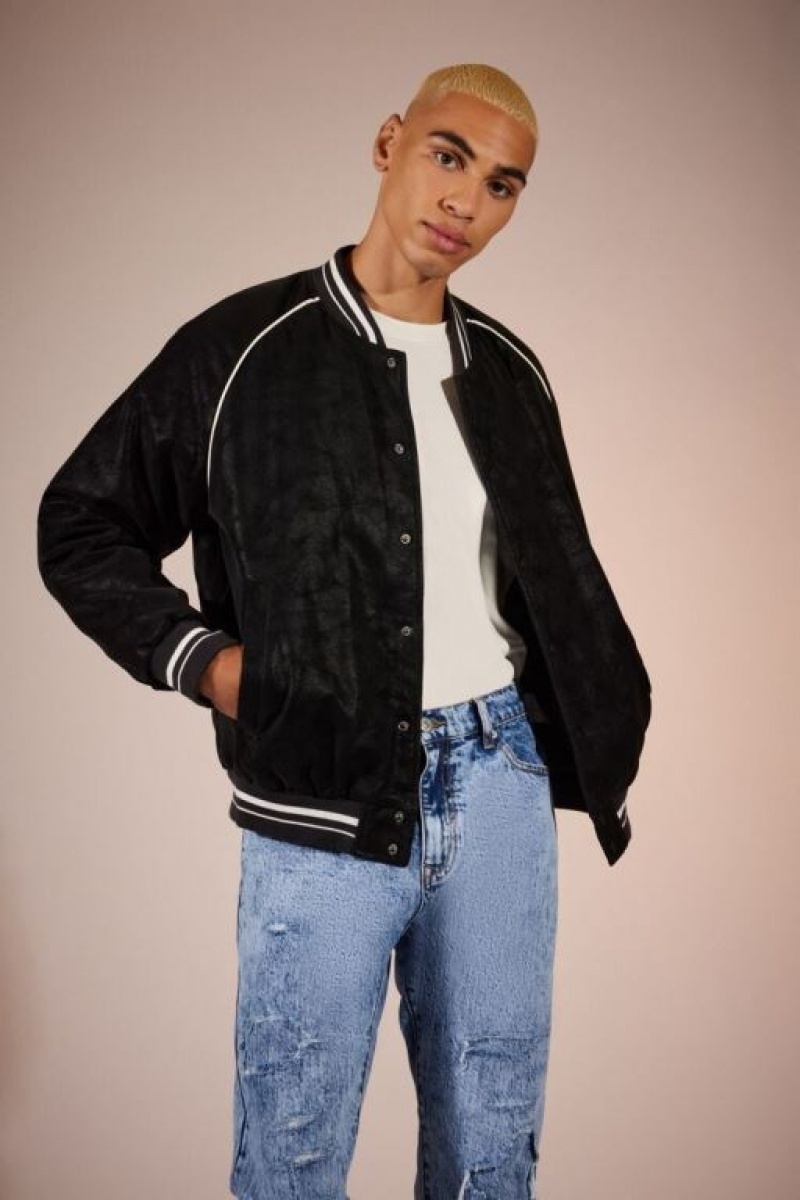 Casacas Forever 21 Faux Suede Varsity Bomber Hombre Negras Blancas | dfvnHofo4LN