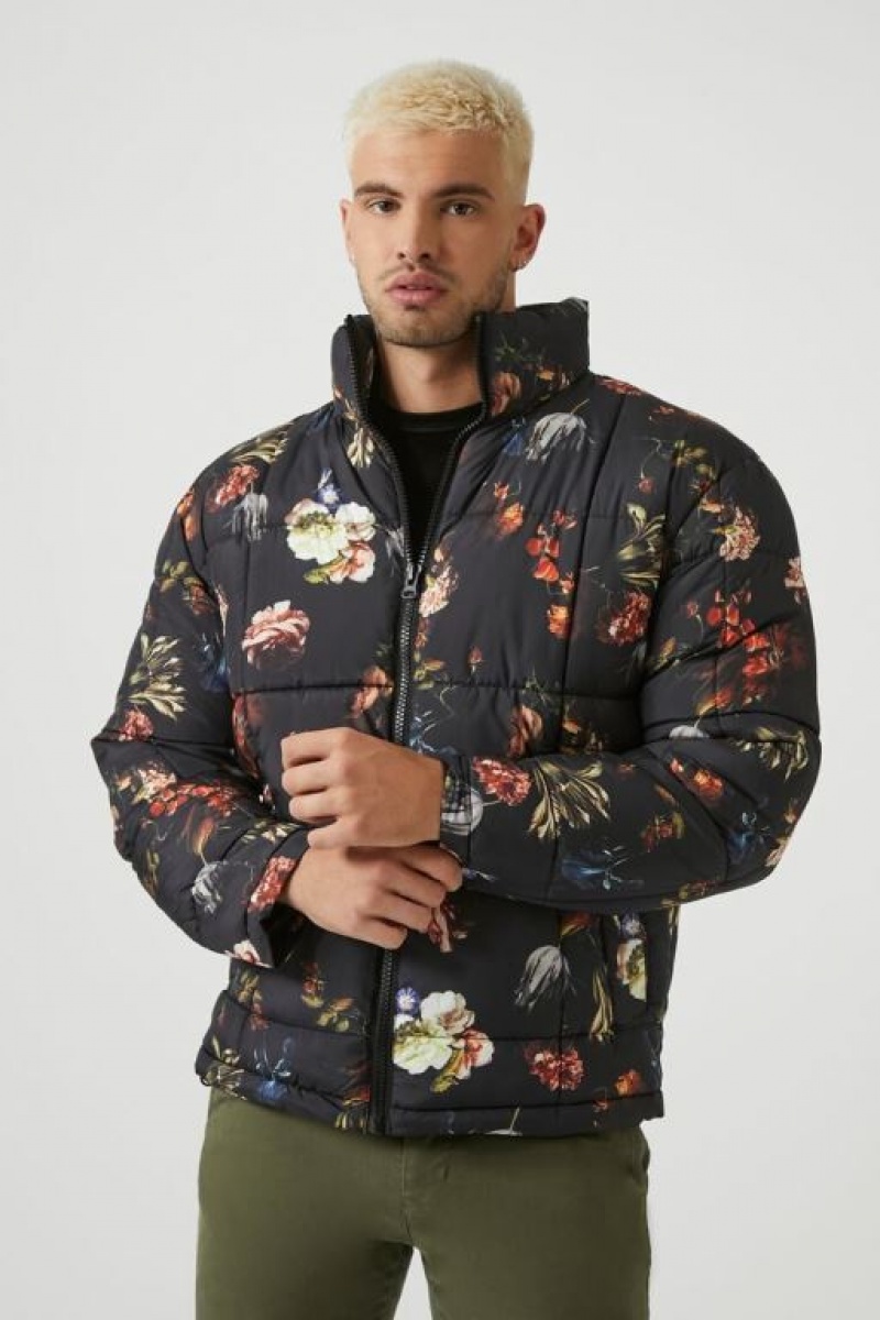 Casacas Forever 21 Floral Print Puffer Hombre Negras Multicolor | wfrtA4B2jcv