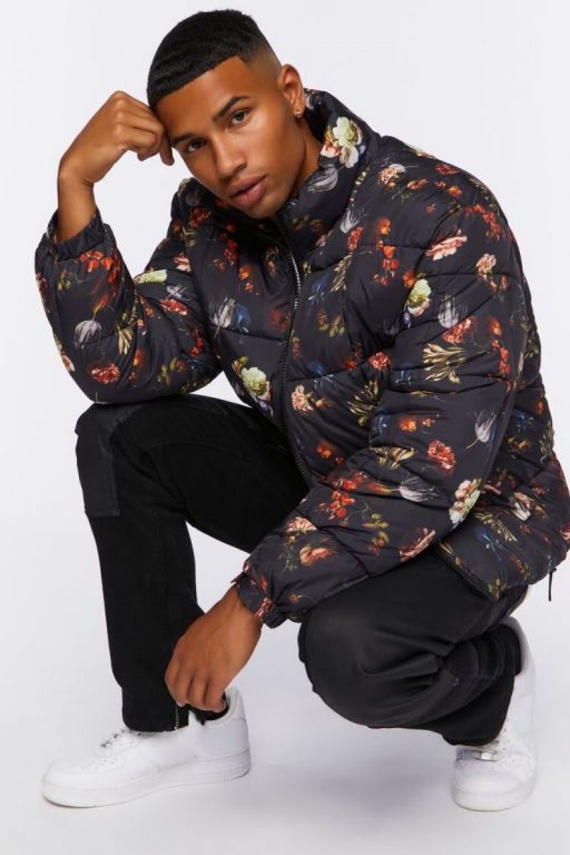 Casacas Forever 21 Floral Print Puffer Hombre Negras Multicolor | C6lgTUeqUXm