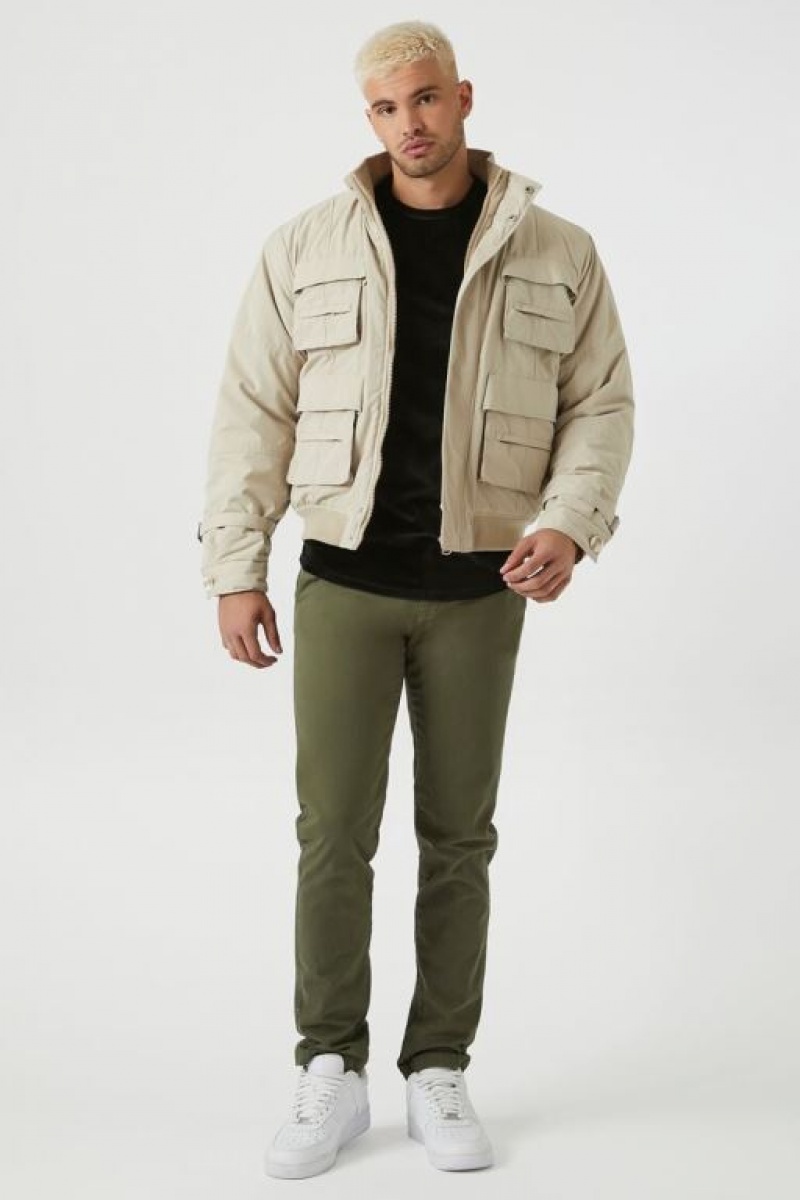 Casacas Forever 21 Funnel Neck Cargo Bomber Hombre Gris Marrones | w2yFCFeh9kX