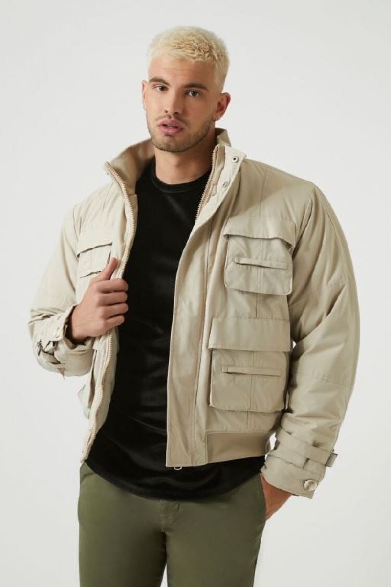 Casacas Forever 21 Funnel Neck Cargo Bomber Hombre Gris Marrones | w2yFCFeh9kX