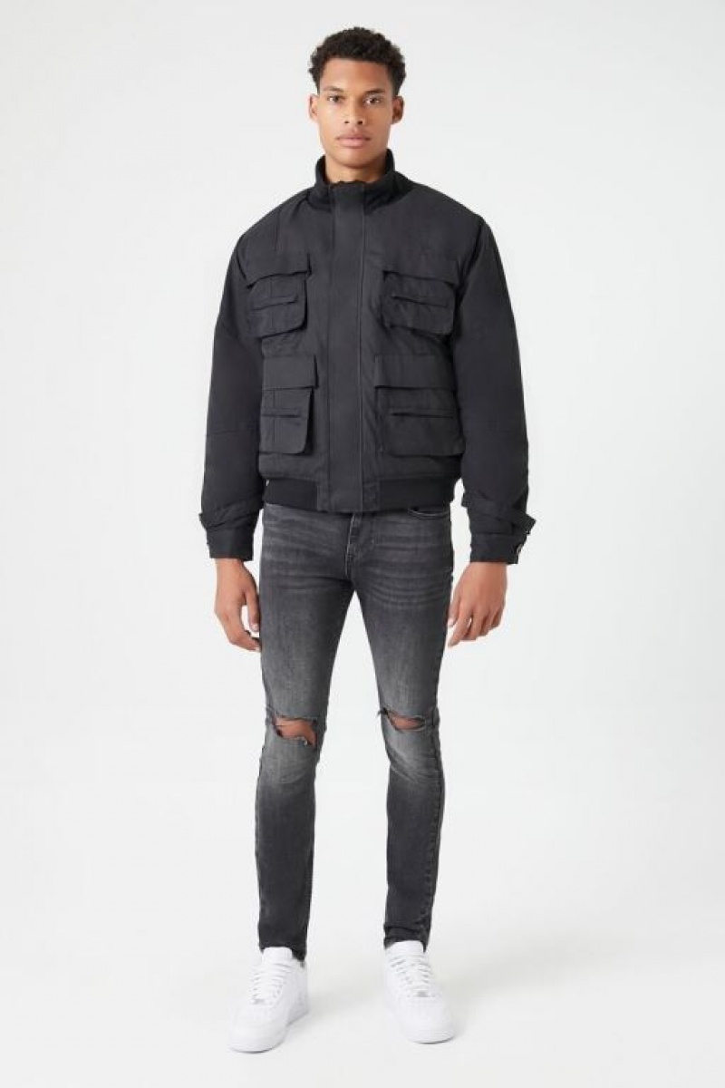 Casacas Forever 21 Funnel Neck Cargo Bomber Hombre Negras | pGmxmgpNfi1