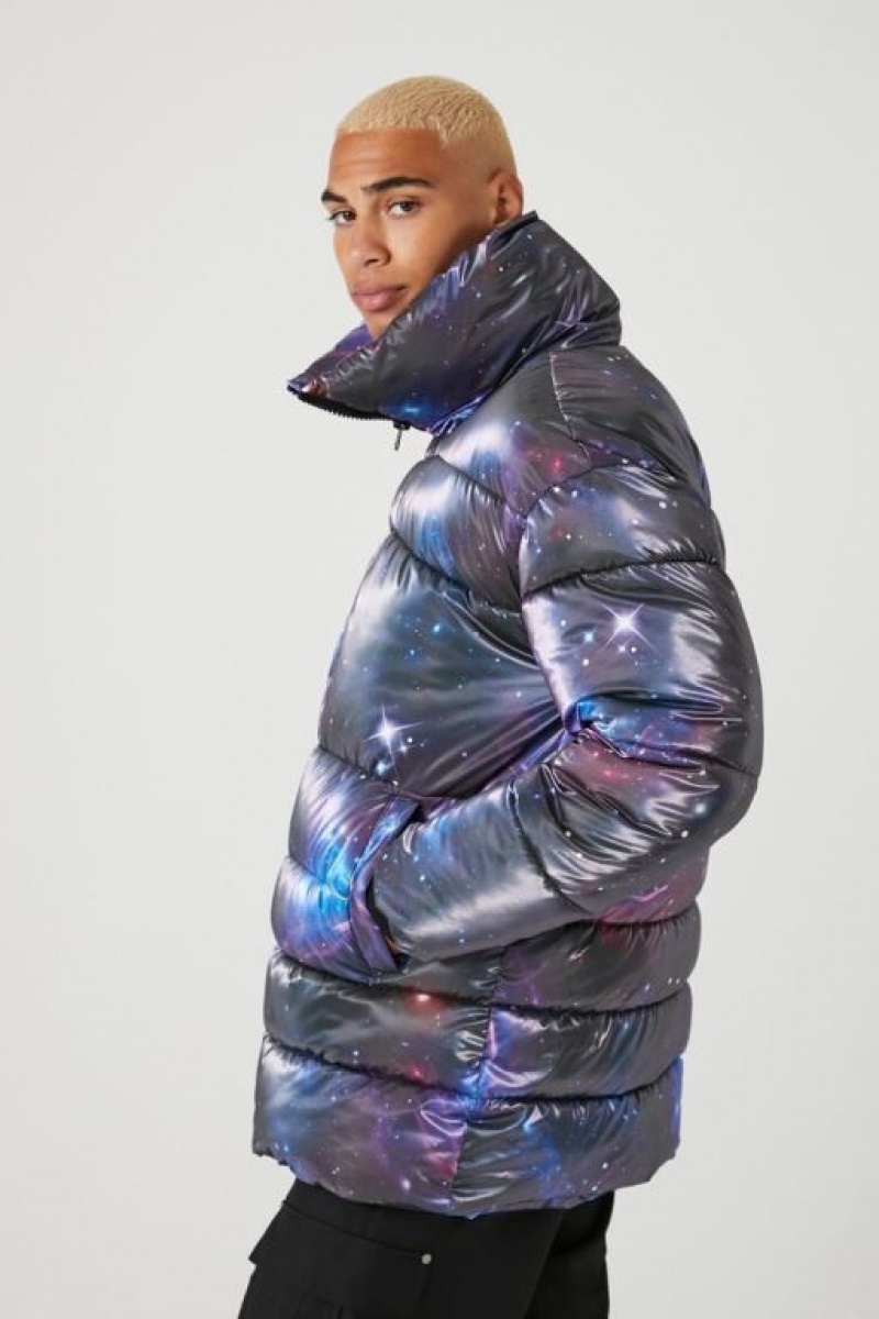 Casacas Forever 21 Galaxy Print Puffer Hombre Gris Multicolor | mfrKvw9qi7T